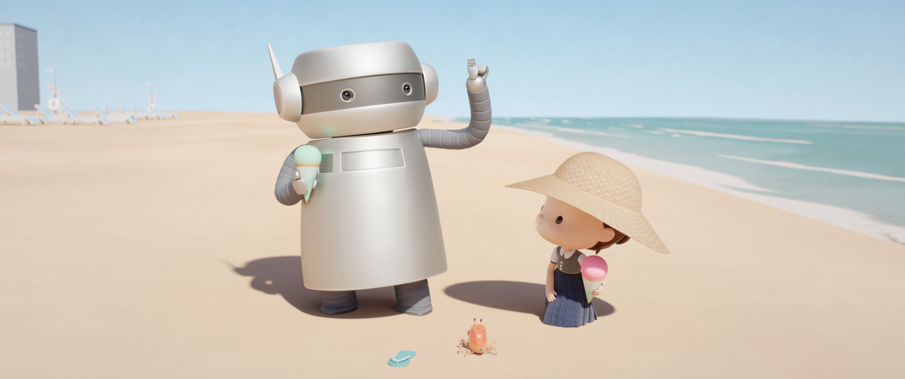 een geanimeerd beeld van een blikken robot met een ijsje in zijn hand en een jong meisje ook met een ijsje. Ze staan op het strand.